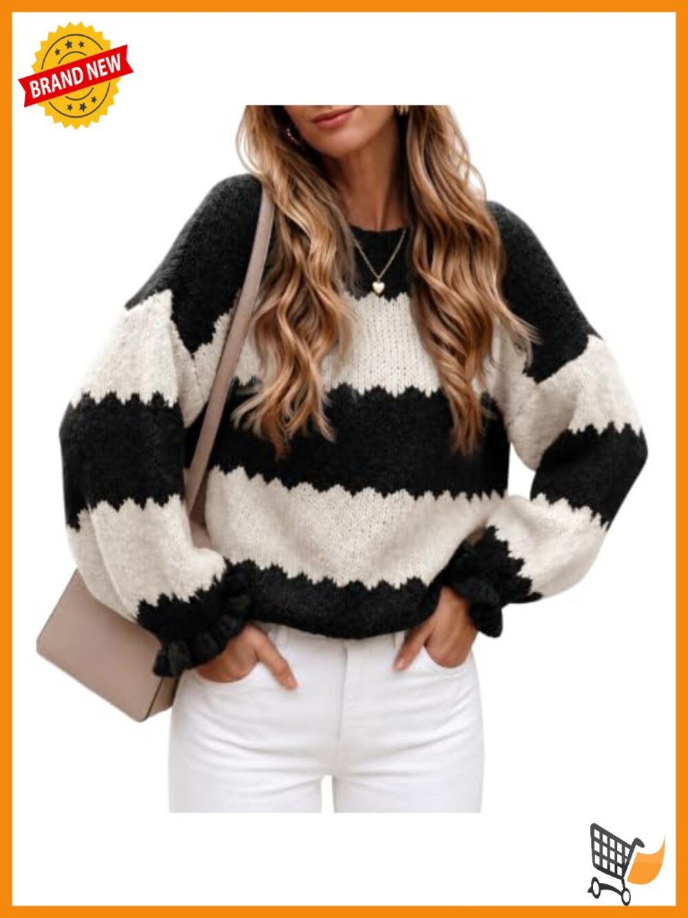 Striped Color Block Ruffle Sleeve Pullover Sweater